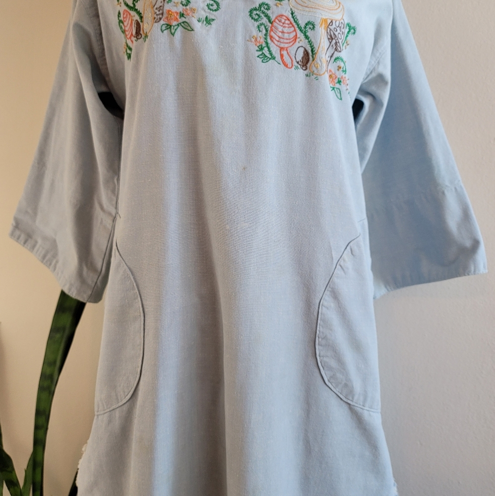 VTG 70s Embroidered Mushroom Denim Caftan Dress - Picture 7 of 16